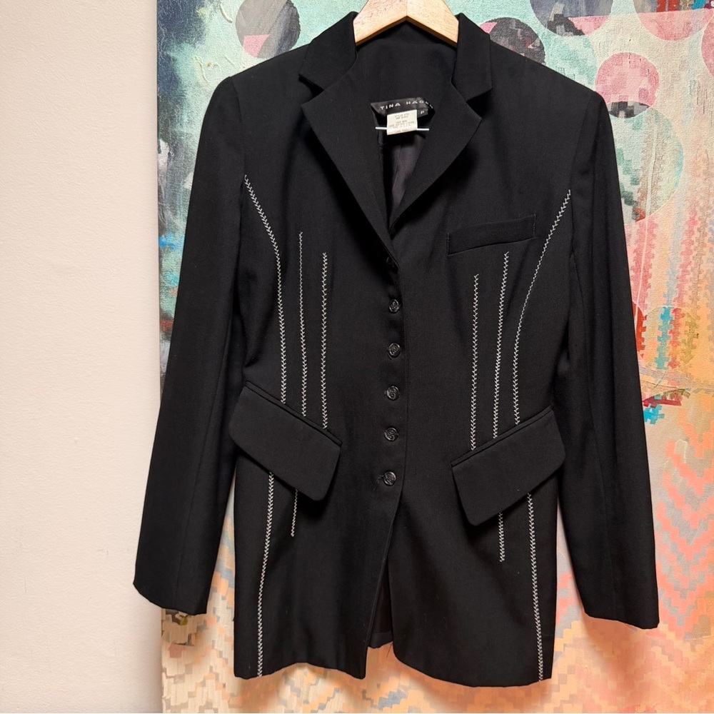 Vintage 90s Black & White Wool Embroidered Blazer sz Small - Picture 6 of 9
